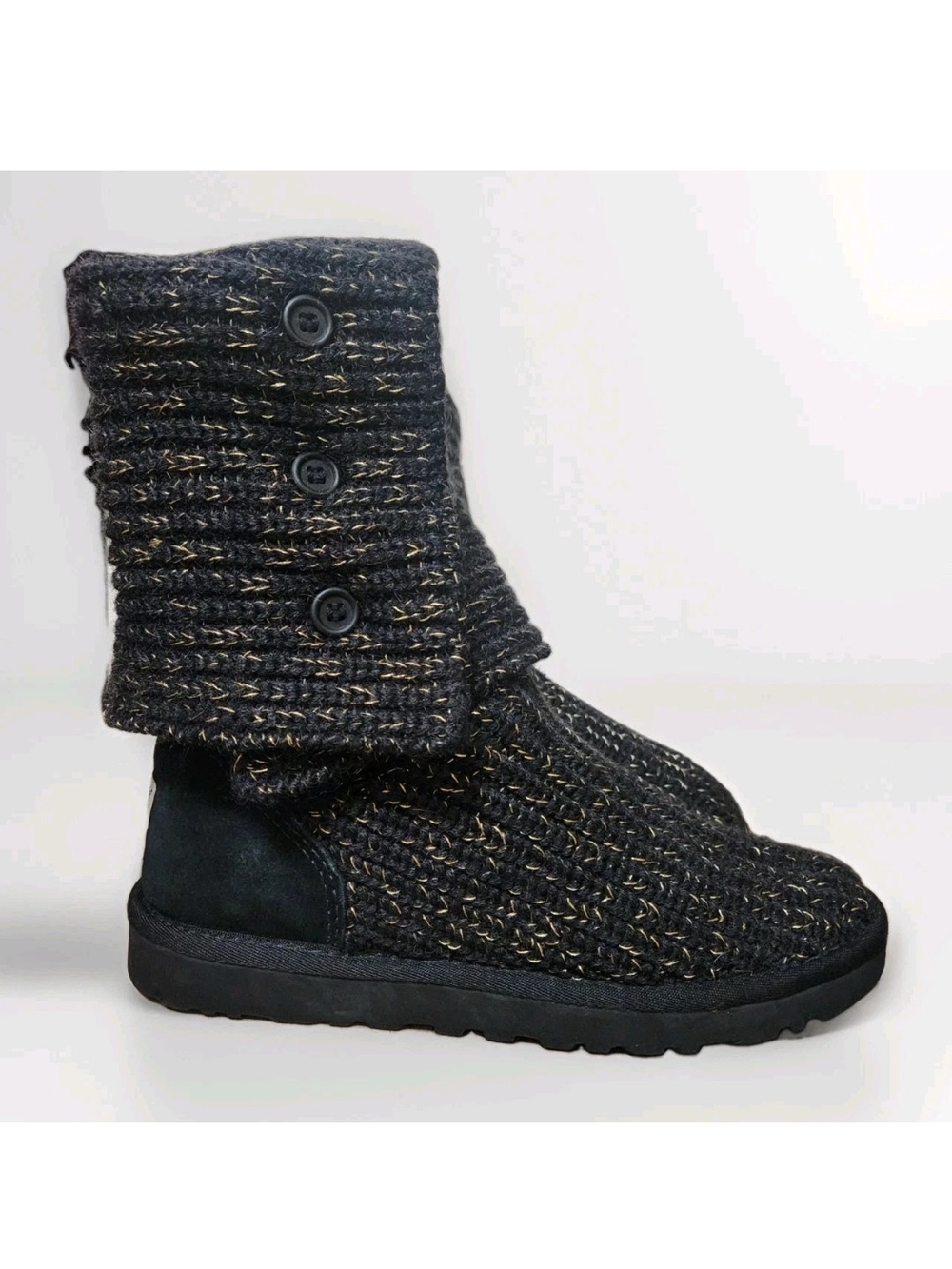 UGG Classic Cardy Black Metallic Gold Knit Boots 7 Sheepskin Suede Cozy Warm